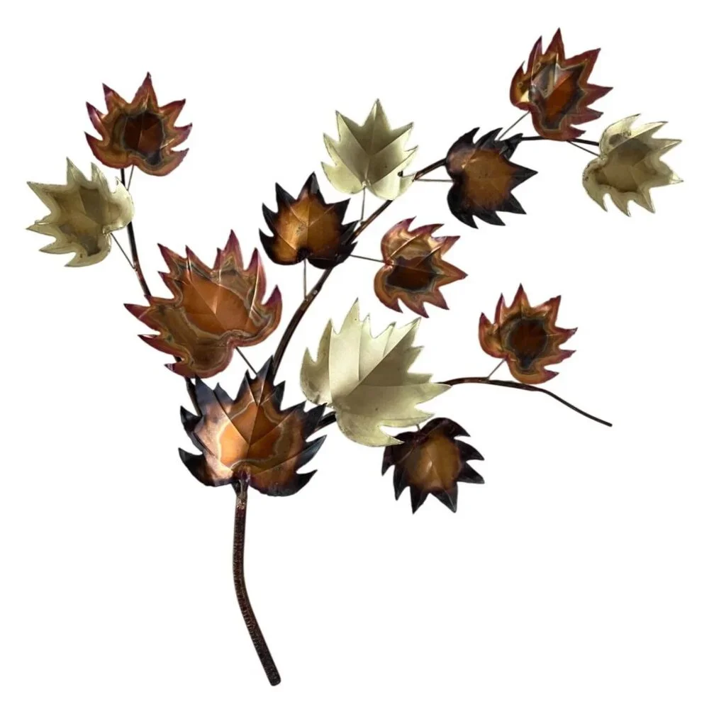 MCM Brass Copper Tone Metal Maple Leaf Sculpture Patina VTG Brutalist Wall Art L